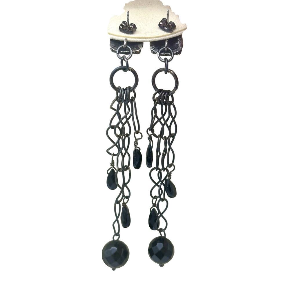 Vintage MOB 925 Mexico Long Dangling Chandelier Earrings With Black Beads - Picture 4 of 9